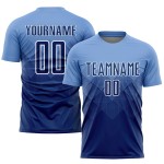 Maillot de football personnalisé bleu clair, bleu marine et blanc, sublimé Maillot de football personnalisé bleu clair, bleu marine et blanc, sublimé