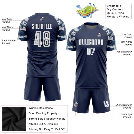 Maillot de football personnalisé à sublimation, bleu marine, blanc et camouflage Maillot de football personnalisé à sublimation, bleu marine, blanc et camouflage