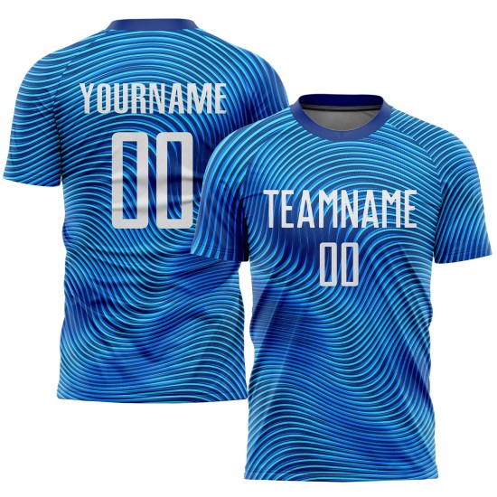 Maillot de football personnalisé bleu clair, blanc et bleu roi, sublimation Maillot de football personnalisé bleu clair, blanc et bleu roi, sublimation