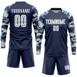 Maillot de football personnalisé à sublimation, bleu marine, blanc et camouflage Maillot de football personnalisé à sublimation, bleu marine, blanc et camouflage