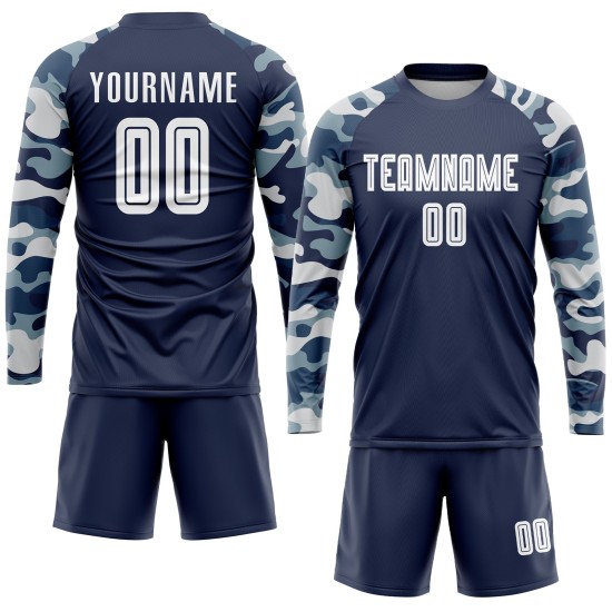 Maillot de football personnalisé à sublimation, bleu marine, blanc et camouflage Maillot de football personnalisé à sublimation, bleu marine, blanc et camouflage