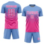 Maillot de football personnalisé bleu clair, rose et blanc, sublimé Maillot de football personnalisé bleu clair, rose et blanc, sublimé