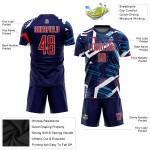 Maillot de football personnalisé bleu marine, rouge et blanc, sublimé Maillot de football personnalisé bleu marine, rouge et blanc, sublimé