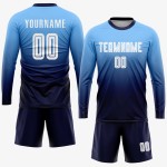 Maillot de football personnalisé bleu clair, blanc et bleu marine, imprimé par sublimation Maillot de football personnalisé bleu clair, blanc et bleu marine, imprimé par sublimation