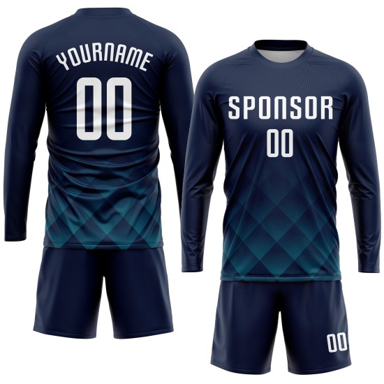 Maillot de football personnalisé à sublimation bleu marine, blanc et bleu sarcelle Maillot de football personnalisé à sublimation bleu marine, blanc et bleu sarcelle