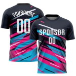 Maillot de football personnalisé à sublimation bleu marine, blanc, rose et bleu clair Maillot de football personnalisé à sublimation bleu marine, blanc, rose et bleu clair