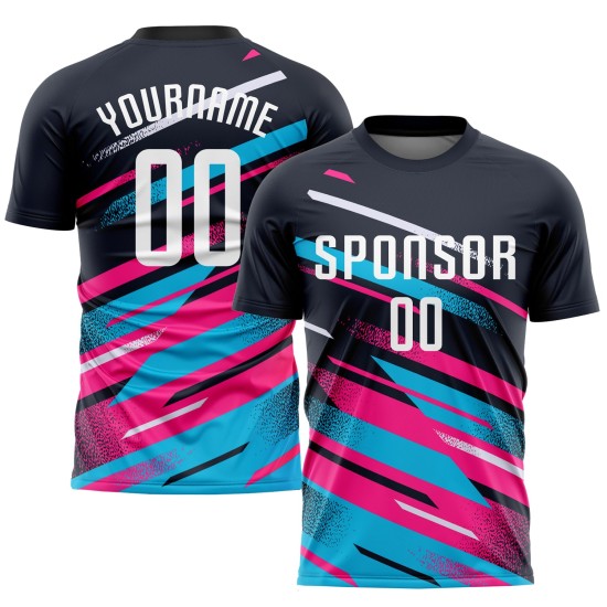 Maillot de football personnalisé à sublimation bleu marine, blanc, rose et bleu clair Maillot de football personnalisé à sublimation bleu marine, blanc, rose et bleu clair