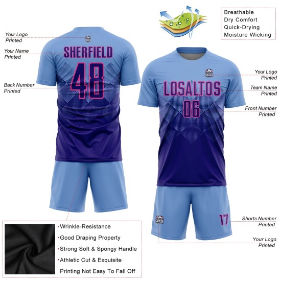 Maillot de football personnalisé bleu clair, violet foncé et rose, sublimation Maillot de football personnalisé bleu clair, violet foncé et rose, sublimation