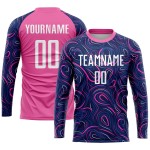 Maillot de football personnalisé à sublimation bleu marine, blanc et rose Maillot de football personnalisé à sublimation bleu marine, blanc et rose