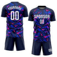 Maillot de football personnalisé à sublimation bleu marine, blanc et rose Maillot de football personnalisé à sublimation bleu marine, blanc et rose