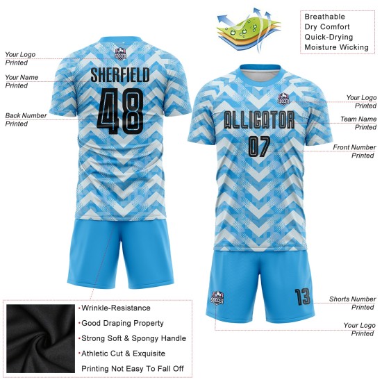 Maillot de football personnalisé à domicile, bleu clair, noir et blanc, sublimation Maillot de football personnalisé à domicile, bleu clair, noir et blanc, sublimation