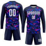 Maillot de football personnalisé à sublimation bleu marine, blanc et rose Maillot de football personnalisé à sublimation bleu marine, blanc et rose