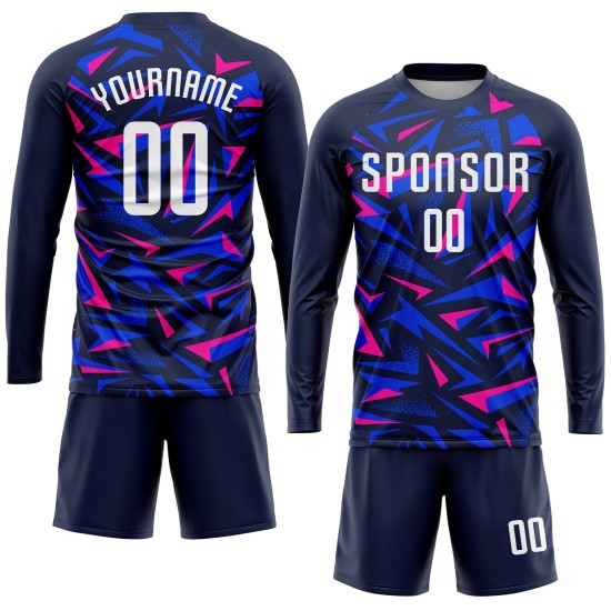 Maillot de football personnalisé à sublimation bleu marine, blanc et rose Maillot de football personnalisé à sublimation bleu marine, blanc et rose