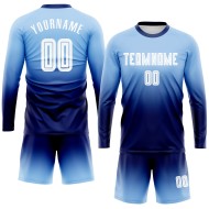 Maillot de football personnalisé à manches longues, bleu clair, blanc et bleu marine, imprimé par sublimation Maillot de football personnalisé à manches longues, bleu clair, blanc et bleu marine, imprimé par sublimation