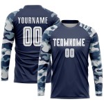 Maillot de football personnalisé à sublimation, bleu marine, blanc et camouflage Maillot de football personnalisé à sublimation, bleu marine, blanc et camouflage