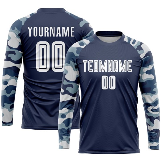 Maillot de football personnalisé à sublimation, bleu marine, blanc et camouflage Maillot de football personnalisé à sublimation, bleu marine, blanc et camouflage