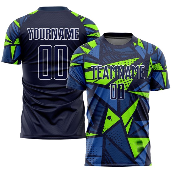 Maillot de football personnalisé bleu marine/vert fluo par sublimation Maillot de football personnalisé bleu marine/vert fluo par sublimation