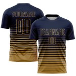 Maillot de football personnalisé à rayures bleu marine et or vieilli, imprimé par sublimation Maillot de football personnalisé à rayures bleu marine et or vieilli, imprimé par sublimation