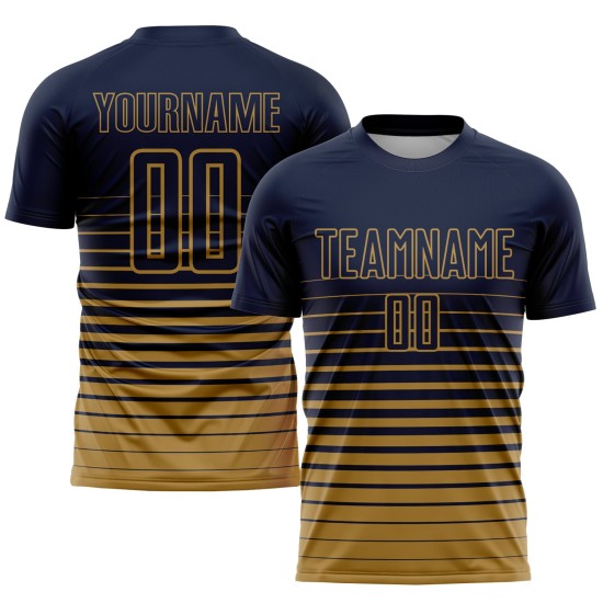 Maillot de football personnalisé à rayures bleu marine et or vieilli, imprimé par sublimation Maillot de football personnalisé à rayures bleu marine et or vieilli, imprimé par sublimation