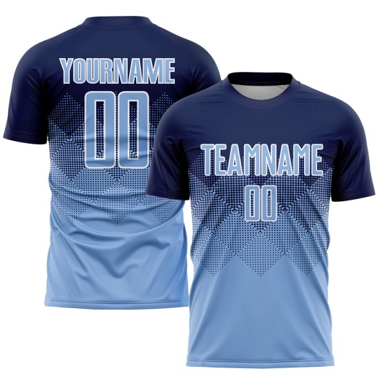 Maillot de football personnalisé bleu marine clair et blanc par sublimation Maillot de football personnalisé bleu marine clair et blanc par sublimation