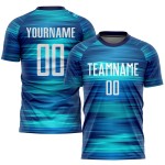 Maillot de football personnalisé bleu clair, blanc et noir, sublimation Maillot de football personnalisé bleu clair, blanc et noir, sublimation