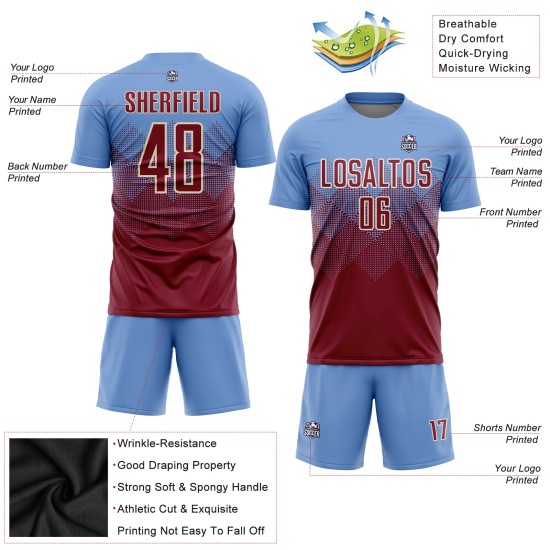 Maillot de football personnalisé bleu clair, cramoisi et crème, sublimé Maillot de football personnalisé bleu clair, cramoisi et crème, sublimé