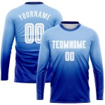 Maillot de football personnalisé à manches longues, bleu clair, blanc et royal, par sublimation Maillot de football personnalisé à manches longues, bleu clair, blanc et royal, par sublimation