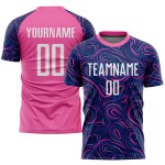 Maillot de football personnalisé à sublimation bleu marine, blanc et rose Maillot de football personnalisé à sublimation bleu marine, blanc et rose