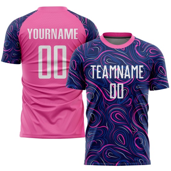 Maillot de football personnalisé à sublimation bleu marine, blanc et rose Maillot de football personnalisé à sublimation bleu marine, blanc et rose