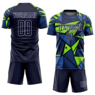 Maillot de football personnalisé bleu marine/vert fluo par sublimation Maillot de football personnalisé bleu marine/vert fluo par sublimation