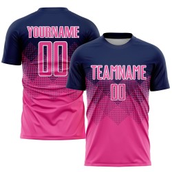 Maillot de football personnalisé bleu marine rose et blanc par sublimation