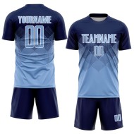 Maillot de football personnalisé bleu marine clair et blanc par sublimation Maillot de football personnalisé bleu marine clair et blanc par sublimation