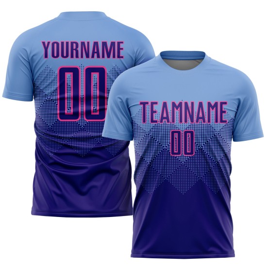 Maillot de football personnalisé bleu clair, violet foncé et rose, sublimation Maillot de football personnalisé bleu clair, violet foncé et rose, sublimation