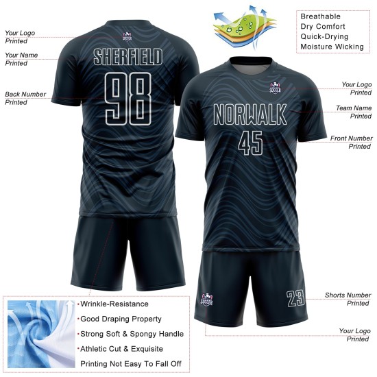 Maillot de football personnalisé à sublimation avec lignes ondulées blanches marine Maillot de football personnalisé à sublimation avec lignes ondulées blanches marine