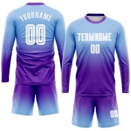 Maillot de football personnalisé à manches longues, bleu clair, blanc et violet, imprimé par sublimation Maillot de football personnalisé à manches longues, bleu clair, blanc et violet, imprimé par sublimation