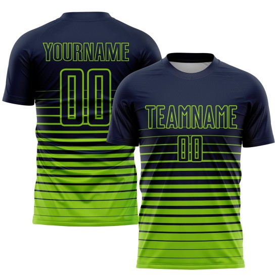 Maillot de football personnalisé à rayures vert fluo bleu marine, imprimé par sublimation Maillot de football personnalisé à rayures vert fluo bleu marine, imprimé par sublimation