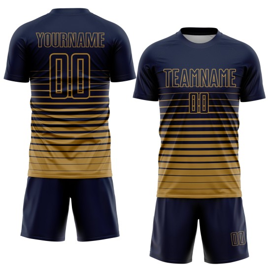 Maillot de football personnalisé à rayures bleu marine et or vieilli, imprimé par sublimation Maillot de football personnalisé à rayures bleu marine et or vieilli, imprimé par sublimation