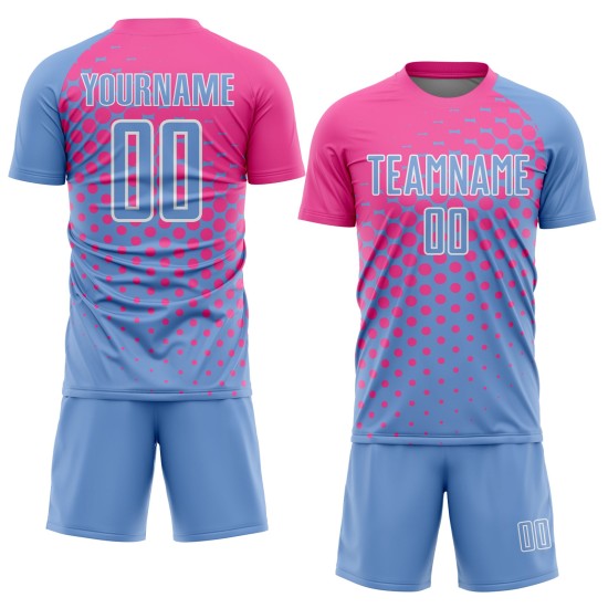 Maillot de football personnalisé bleu clair, rose et blanc, sublimé Maillot de football personnalisé bleu clair, rose et blanc, sublimé