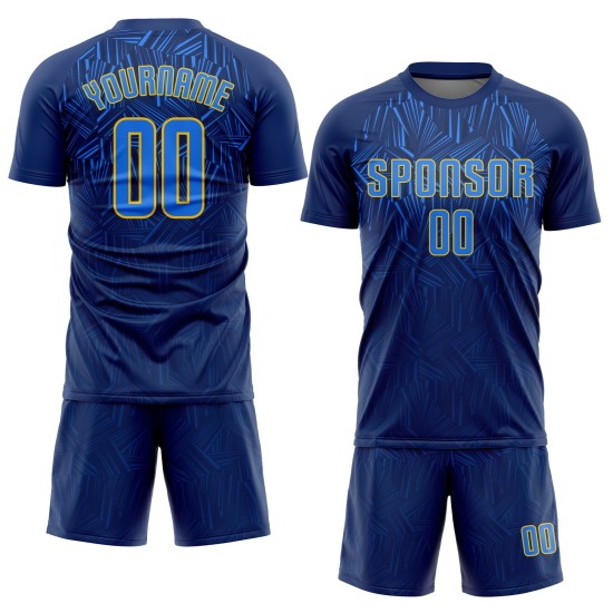 Maillot de football personnalisé bleu marine, royal et doré, sublimé Maillot de football personnalisé bleu marine, royal et doré, sublimé