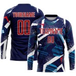 Maillot de football personnalisé bleu marine, rouge et blanc, sublimé Maillot de football personnalisé bleu marine, rouge et blanc, sublimé
