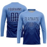Maillot de football personnalisé bleu clair, bleu marine et blanc, sublimé Maillot de football personnalisé bleu clair, bleu marine et blanc, sublimé