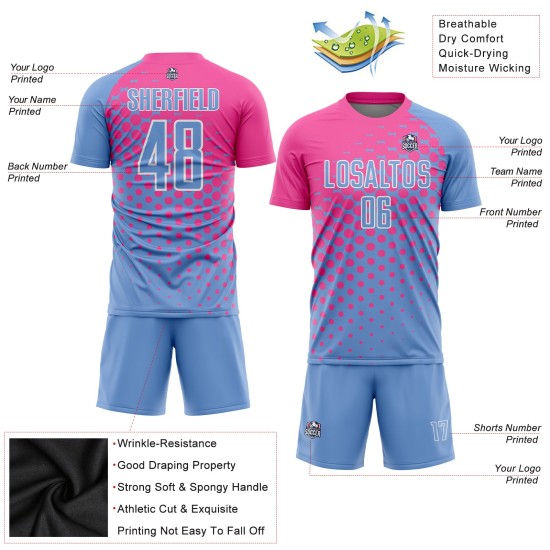 Maillot de football personnalisé bleu clair, rose et blanc, sublimé Maillot de football personnalisé bleu clair, rose et blanc, sublimé