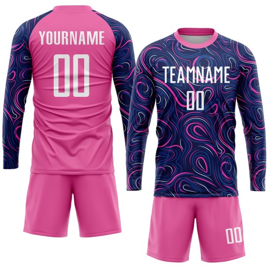 Maillot de football personnalisé à sublimation bleu marine, blanc et rose Maillot de football personnalisé à sublimation bleu marine, blanc et rose
