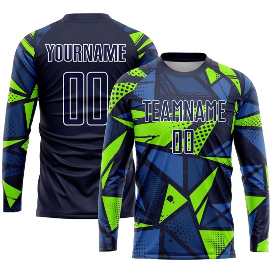 Maillot de football personnalisé bleu marine/vert fluo par sublimation Maillot de football personnalisé bleu marine/vert fluo par sublimation