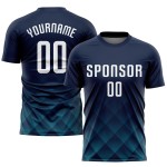 Maillot de football personnalisé à sublimation bleu marine, blanc et bleu sarcelle Maillot de football personnalisé à sublimation bleu marine, blanc et bleu sarcelle