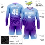 Maillot de football personnalisé à manches longues, bleu clair, blanc et violet, imprimé par sublimation Maillot de football personnalisé à manches longues, bleu clair, blanc et violet, imprimé par sublimation