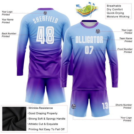 Maillot de football personnalisé à manches longues, bleu clair, blanc et violet, imprimé par sublimation Maillot de football personnalisé à manches longues, bleu clair, blanc et violet, imprimé par sublimation