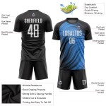Maillot de football personnalisé bleu clair, blanc et noir, sublimation Maillot de football personnalisé bleu clair, blanc et noir, sublimation