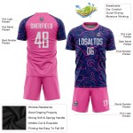 Maillot de football personnalisé à sublimation bleu marine, blanc et rose Maillot de football personnalisé à sublimation bleu marine, blanc et rose